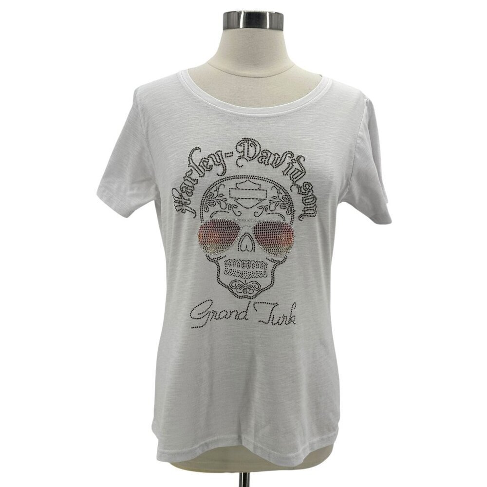 Harley Davidson Womens Large Top Grand Turk Rhinestone Bling Skull White Tee